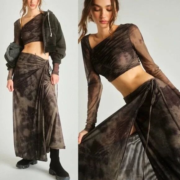 FREE PEOPLE Supernova SET Crop Top & Maxi Wrap Skirt Size XS Mocha Combo NEW